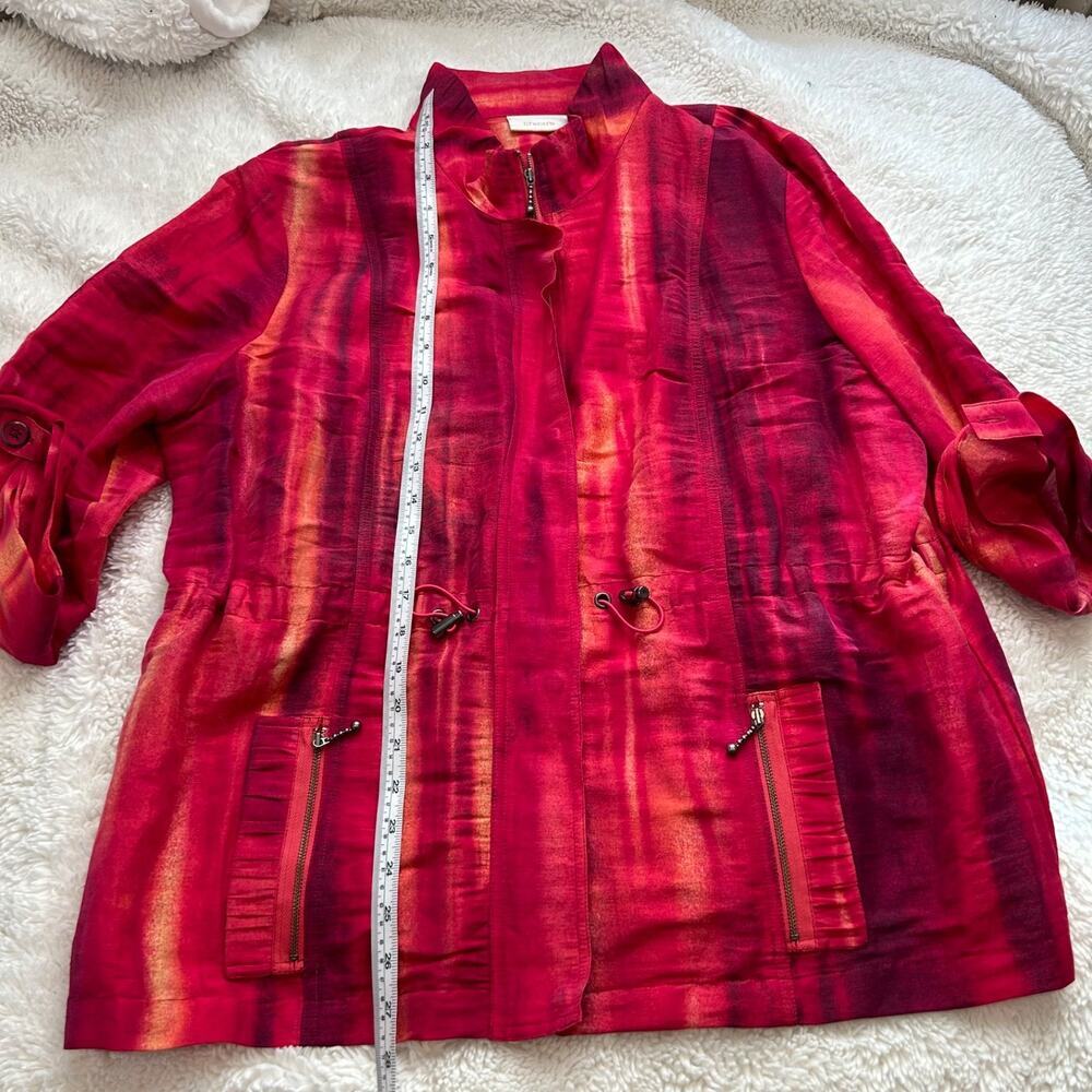 Chico's Womens Red/Pink Artsy Old Money Full Zip 3/4 Slv Cinch Jacket Sz 3 Linen - Picture 4 of 7